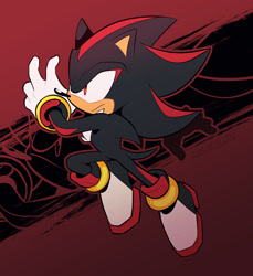 Size: 879x961 | Tagged: safe, artist:scourgefrontier, shadow the hedgehog, 2026, flat colors, frown, looking offscreen, mid-air, outline, solo