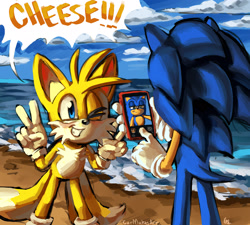 Size: 2048x1843 | Tagged: safe, artist:cat-makesart, artist:garlicfarts, miles "tails" prower, sonic the hedgehog, 2026, abstract background, beach, clouds, daytime, dialogue, double v sign, duo, english text, exclamation mark, holding something, ocean, outdoors, phone, sand, selfie, smile, sonic the douchehog, text, v sign, water, wink