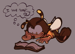 Size: 1489x1079 | Tagged: safe, artist:charmsterz, charmy bee, 2026, alternate outfit, barefoot, book, english text, grey background, head rest, looking at something, paws, reading, simple background, smile, solo, text, thought bubble