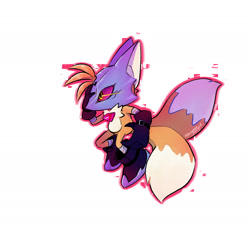 Size: 2000x1934 | Tagged: safe, artist:0vergrowngraveyard, miles "tails" prower, sonic forces, 2026, alignment swap, alternate universe, au:phantom ruby-ied tails, digital static, glitch, glowing eyes, hand on head, infinite tails, infinite's mask, looking offscreen, outline, phantom ruby, simple background, solo, white background