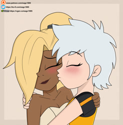Size: 2048x2082 | Tagged: safe, artist:eagc7, tangle the lemur, whisper the wolf, human, 2026, beige background, blushing, duo, eyebrow clipping through hair, eyes closed, flat colors, hugging, humanized, idw sonic the hedgehog, kiss, kiss on cheek, lesbian, shipping, simple background, smile, tangle x whisper