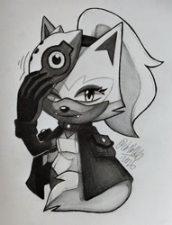 Size: 1565x2048 | Tagged: safe, artist:ch1b1k0, whisper the wolf, wolf, 2026, fangs, female, gradient background, greyscale, idw sonic the hedgehog, looking at viewer, monochrome, one eye closed, signature, smile, solo
