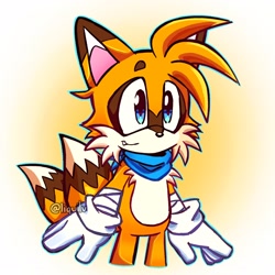 Size: 2048x2048 | Tagged: safe, artist:liquilv, miles "tails" prower, 2026, beanbrows, fur markings, gradient background, one fang, outline, redesign, scarf, signature, smile, solo, standing, wraps