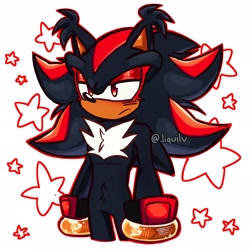 Size: 2048x2048 | Tagged: safe, artist:liquilv, shadow the hedgehog, 2026, belly fluff, chest fluff, ear fluff, eyelashes, frown, lidded eyes, outline, redesign, signature, simple background, solo, standing, star (symbol), white background
