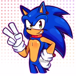 Size: 2048x2048 | Tagged: safe, artist:liquilv, sonic the hedgehog, hedgehog, 2026, abstract background, choker, earring, hand on hip, looking at viewer, male, outline, purple outline, redesign, signature, smile, smiling at viewer, solo, standing, v sign, watermark