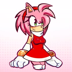 Size: 2048x2048 | Tagged: safe, artist:liquilv, amy rose, 2026, arm sleeves, blushing, breasts, ear piercing, earring, eyelashes, gradient background, looking offscreen, outline, redesign, smile, solo, standing