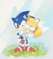 Size: 925x1024 | Tagged: safe, artist:momocc02982421, miles "tails" prower, sonic the hedgehog, 2026, carrying them, classic sonic, classic tails, cute, duo, gay, grass, hugging, shipping, smile, sonabetes, sonic x tails, tailabetes