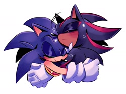 Size: 1611x1208 | Tagged: safe, artist:studiononsense, shadow the hedgehog, sonic the hedgehog, 2026, blushing, cute, duo, eyelashes, eyes closed, frown, hands together, heart, hugging, shadow x sonic, shadowbetes, shipping, simple background, smile, sonabetes, white background