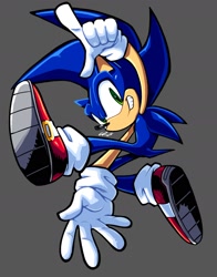 Size: 1352x1725 | Tagged: safe, artist:snoctheroach, sonic the hedgehog, 2026, grey background, looking at viewer, mid-air, pointing, posing, simple background, smile, solo, treads