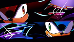 Size: 2048x1154 | Tagged: safe, artist:spacedawgspace, shadow the hedgehog, sonic the hedgehog, 2025, duo, frown, smile, sonic racing crossworlds
