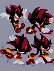 Size: 945x1245 | Tagged: safe, artist:glitchedcosmos, shadow the hedgehog, 2026, fighting pose, frown, grey background, handstand, male, posing, punching, signature, simple background, skidding, solo