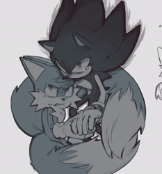 Size: 1906x2048 | Tagged: safe, artist:m-ellodii-art, miles "tails" prower, sonic the hedgehog, 2026, angry, clenched teeth, crying, dark form, dark sonic, duo, frown, holding hands, looking offscreen, redraw, simple background, tears, white background, wrapped in tail