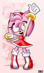 Size: 827x1358 | Tagged: safe, artist:nonicpower, amy rose, hedgehog, amybetes, clothes, cute, dress, echo background, female, glasses, hairband, looking at viewer, open mouth, open smile, shoes, signature, smile, smiling at viewer, standing