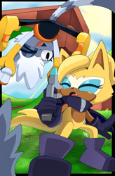 Size: 1257x1920 | Tagged: safe, artist:buddyhyped, artist:p0intless27, tangle the lemur, whisper the wolf, lemur, wolf, green hill zone, 2023, classic, classic style, classic tangle, cute, daytime, duo, female, holding something, lesbian, looking at each other, open mouth, open smile, shipping, smile, tangle x whisper, weapon, wink, wispon