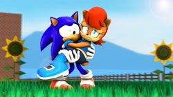 Size: 1920x1080 | Tagged: safe, artist:pixelrush, sally acorn, sonic the hedgehog, chipmunk, hedgehog, green hill zone, 2022, 3d, blender, carrying them, daytime, duo, fat, fat sally acorn, female, flower, looking offscreen, male, sally x sonic, sally's ringblader outfit, shipping, straight, sun, sunlight