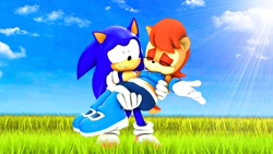 Size: 1920x1080 | Tagged: safe, artist:pixelrush, sally acorn, sonic the hedgehog, chipmunk, hedgehog, 2022, 3d, blender, carrying them, daytime, duo, eyes closed, fat, fat sally acorn, female, grass, grass field, male, sally x sonic, sally's ringblader outfit, shipping, shrugging, straight, sun, sunlight