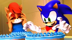 Size: 1920x1080 | Tagged: safe, artist:pixelrush, sally acorn, sonic the hedgehog, chipmunk, hedgehog, 2022, 3d, alternate outfit, blender, bowtie, cake, castle, clothes, dress, duo, eating, fat, fat sally acorn, female, food, indoors, looking at something, male, sally x sonic, shipping, straight