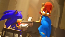 Size: 1920x1080 | Tagged: safe, artist:pixelrush, sally acorn, sonic the hedgehog, chipmunk, hedgehog, 2022, 3d, alternate outfit, blender, bowtie, castle, clothes, dress, duo, fat, fat sally acorn, female, indoors, looking at offscreen, looking at them, male, musical instrument, piano, playing music, sally x sonic, shipping, singing, sitting, straight