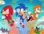 Size: 600x463 | Tagged: safe, artist:slysonic, knuckles the echidna, miles "tails" prower, sonic the hedgehog, echidna, fox, hedgehog, adventures of sonic the hedgehog, classic knuckles, classic sonic, classic sonic (universe), classic tails, clenched teeth, daytime, dic, gloves, lava, looking at viewer, looking offscreen, loop, male, mountain, needs more jpeg, palm tree, ring, shoes, snow, tree, trio, volcano