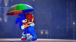 Size: 1920x1080 | Tagged: safe, artist:pixelrush, sally acorn, sonic the hedgehog, chipmunk, hedgehog, 2022, 3d, alternate outfit, blender, bowtie, building, clothes, dress, duo, fat, fat sally acorn, female, holding something, hugging, male, nighttime, outdoors, rain, sally x sonic, shipping, smile, straight, umbrella, walking