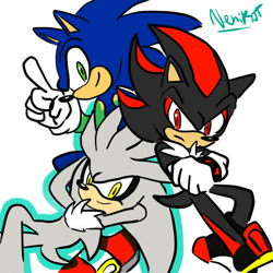 Size: 600x600 | Tagged: safe, artist:nenikat, shadow the hedgehog, silver the hedgehog, sonic the hedgehog, hedgehog, gloves, looking at viewer, male, pose, shoes, signature, simple background, trio, white background