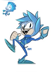Size: 736x981 | Tagged: safe, artist:greyrat44, hedgehog, blue fur, child, clothes, crossover, cub, duality, fingerless gloves, fixie, jumpsuit, male, mobianified, nolik, shoes, sneakers, solo, the fixies