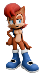 Size: 582x1080 | Tagged: safe, artist:rafaknight-rk, artist:raggedyslg3, sally acorn, 2025, 3d, boots, breasts, featureless breasts, gilet, hand on hip, lidded eyes, looking offscreen, mouth open, open smile, simple background, smile, solo, standing, transparent background