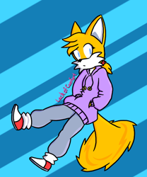 Size: 1000x1200 | Tagged: safe, artist:lackofcomfort, miles "tails" prower, 2020, artist name, clothes, flying, frown, gender swap, hands in pocket, hoodie, looking at viewer, no pupils, pants, ponytail, solo, spinning tails, striped background