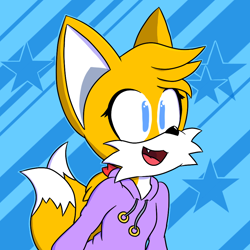 Size: 900x900 | Tagged: safe, artist:lackofcomfort, miles "tails" prower, 2020, clothes, gender swap, hoodie, looking offscreen, mouth open, no pupils, one fang, open smile, outline, ponytail, smile, solo, star (symbol)