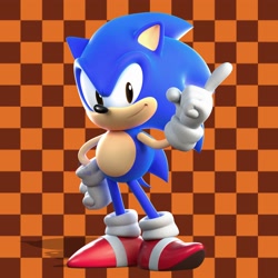 Size: 2048x2048 | Tagged: safe, artist:dancada, artist:hunicrio, sonic the hedgehog, 2023, 3d, checkered background, classic sonic, hand on hip, looking at viewer, orange brown checkerboard, smile, solo, standing, tapping foot, wagging finger