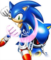 Size: 775x917 | Tagged: safe, artist:yuji uekawa, metal sonic, sonic the hedgehog, 2005, black sclera, clenched fists, duo, faux 3d, lineless, looking at viewer, looking offscreen, official artwork, punching, robot, simple background, smile, sonic gems collection, white background