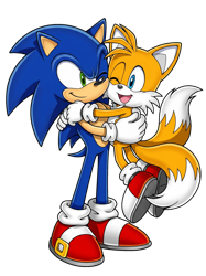 Size: 1280x1715 | Tagged: safe, ai art, miles "tails" prower, sonic the hedgehog, 2026, duo, hugging, lifting them, looking at each other, mouth open, one eye closed, open smile, smile, standing, style emulation, treads, uekawa style