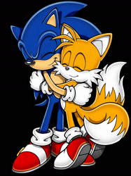 Size: 1280x1715 | Tagged: safe, ai art, miles "tails" prower, sonic the hedgehog, 2026, black background, duo, eyes closed, hugging, nike mouth, simple background, smile, style emulation, treads, uekawa style