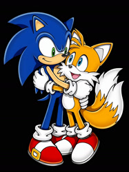Size: 1280x1715 | Tagged: safe, ai art, miles "tails" prower, sonic the hedgehog, 2026, black background, duo, hugging, looking at each other, mouth open, nike mouth, open smile, simple background, smile, standing