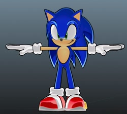 Size: 853x769 | Tagged: safe, artist:jkbowden_, sonic the hedgehog, 2024, 3d, cel shaded, gradient background, looking offscreen, nike mouth, smile, solo, standing, style emulation, t-pose, uekawa style