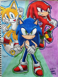 Size: 720x960 | Tagged: safe, artist:emichaca, knuckles the echidna, miles "tails" prower, sonic the hedgehog, echidna, fox, hedgehog, gloves, looking at viewer, male, shoes, smile, traditional media, trio