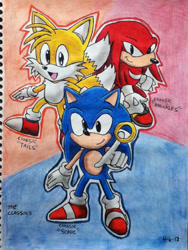 Size: 720x960 | Tagged: safe, artist:emichaca, knuckles the echidna, miles "tails" prower, sonic the hedgehog, echidna, fox, hedgehog, classic knuckles, classic sonic, classic sonic (universe), classic tails, gloves, looking at viewer, male, shoes, smile, traditional media, trio