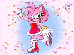 Size: 1032x774 | Tagged: safe, artist:catythefluffycat274, amy rose, hedgehog, amy's halterneck dress, clothes, dress, female, headband, looking at viewer, open mouth, open smile, shoes, smile, smiling at viewer, solo