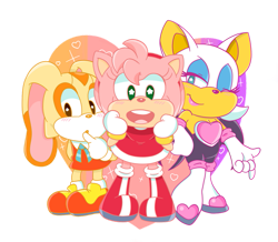 Size: 957x835 | Tagged: safe, artist:bowsaremyfriends, amy rose, cream the rabbit, rouge the bat, bat, hedgehog, rabbit, amy's halterneck dress, clothes, cream's dress, dress, female, looking at viewer, open mouth, rouge's heart top, simple background, standing, starry eyes, transparent background, trio, wingding eyes, wink