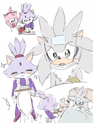 Size: 1536x2048 | Tagged: safe, artist:hop_step_mofffu, amy rose, blaze the cat, silver the hedgehog, cat, hedgehog, 2026, apple, bed, blanket, blaze x silver, blushing, bowl, cold compressor, cooking, drink, drinking glasses, duo focus, eyes closed, female, food, fruit, holding something, japanese text, looking at each other, male, paper, pillow, shipping, sick, simple background, smile, sparkles, straight, trio, white background