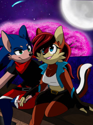 Size: 1024x1366 | Tagged: safe, artist:sassymelvin, sally acorn, sonic the hedgehog, chipmunk, hedgehog, 2022, alternate universe, cherry blossom tree, clothes, duo, female, fully clothed, holding hands, looking at them, looking up, low res, male, moon, nighttime, sally x sonic, scarf, shipping, shorts, sitting, star (sky), stargazing, straight, t-shirt, tree, vest