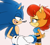 Size: 950x859 | Tagged: safe, artist:risziarts, sally acorn, sonic the hedgehog, chipmunk, hedgehog, 2022, archie sonic the hedgehog, duo, female, holding something, looking at each other, male, open mouth, sally x sonic, sally's ringblader outfit, shipping, simple background, smile, smiling at each other, standing, straight, sunlight, talking