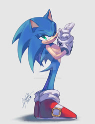 Size: 827x1080 | Tagged: safe, artist:kanzerrogaart, sonic the hedgehog, hedgehog, 2026, deviantart watermark, gloves, lidded eyes, looking at viewer, male, obtrusive watermark, shoes, signature, simple background, standing, watermark, white background, wink