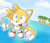 Size: 759x657 | Tagged: safe, artist:domestic maid, miles "tails" prower, fox, 2012, clouds, daytime, flying, gloves, island, male, open mouth, open smile, outdoors, palm tree, sea, shoes, sky, smile, solo, spinning tails, tree, water