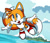 Size: 800x695 | Tagged: safe, artist:domestic maid, miles "tails" prower, fox, 2023, clouds, daytime, flying, gloves, island, male, needs more jpeg, open mouth, open smile, outdoors, redraw, sea, shoes, sky, smile, solo, spinning tails, tree, water