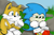 Size: 750x500 | Tagged: safe, artist:netsirkblue, miles "tails" prower, sonic the hedgehog, fox, hedgehog, 2012, arms folded, classic sonic, classic sonic (universe), classic tails, daytime, duo, floppy ears, grass, lidded eyes, looking at them, looking down, male, outdoors, rock, sad, siblings, sitting