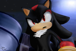Size: 1280x857 | Tagged: safe, artist:lightningchaos20, shadow the hedgehog, hedgehog, 2010, chest fluff, from below, lineless, looking offscreen, male, nighttime, outdoors, signature, solo, standing, star (sky)