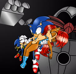 Size: 2962x2877 | Tagged: safe, artist:shanahat, sally acorn, sonic the hedgehog, uncle chuck, chipmunk, hedgehog, 2026, black background, carrying them, escaping, eyes closed, female, holding hands, jumping, male, phase out, quartet, rescue, robot, sally x sonic, sally's vest and boots, shipping, simple background, straight, trio focus, vest