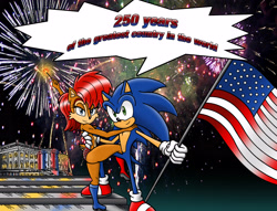 Size: 4485x3418 | Tagged: safe, artist:shanahat, sally acorn, sonic the hedgehog, chipmunk, hedgehog, 2026, 4th of july, american flag, anniversary, building, country flag, dialogue, duo, english text, female, fireworks, flag, holding something, holding them, looking at viewer, male, nighttime, pose, sally x sonic, sally's vest and boots, shipping, smile, speech bubble, straight, white house