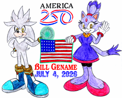 Size: 2044x1651 | Tagged: safe, artist:germanname1990, blaze the cat, silver the hedgehog, cat, hedgehog, 2026, 4th of july, american flag, anniversary, blaze x silver, country flag, dialogue, duo, english text, female, flag, grin, looking at viewer, male, shipping, simple background, smile, smiling at viewer, standing, straight, telekinesis, traditional media, waving, white background